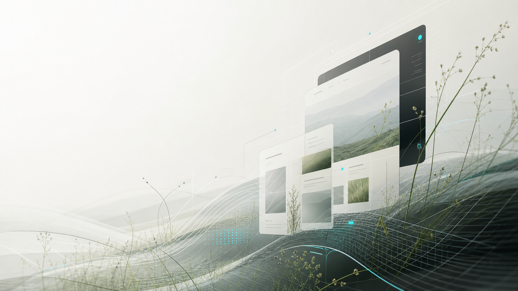 Abstract meadow lines blending into sleek website interface panels